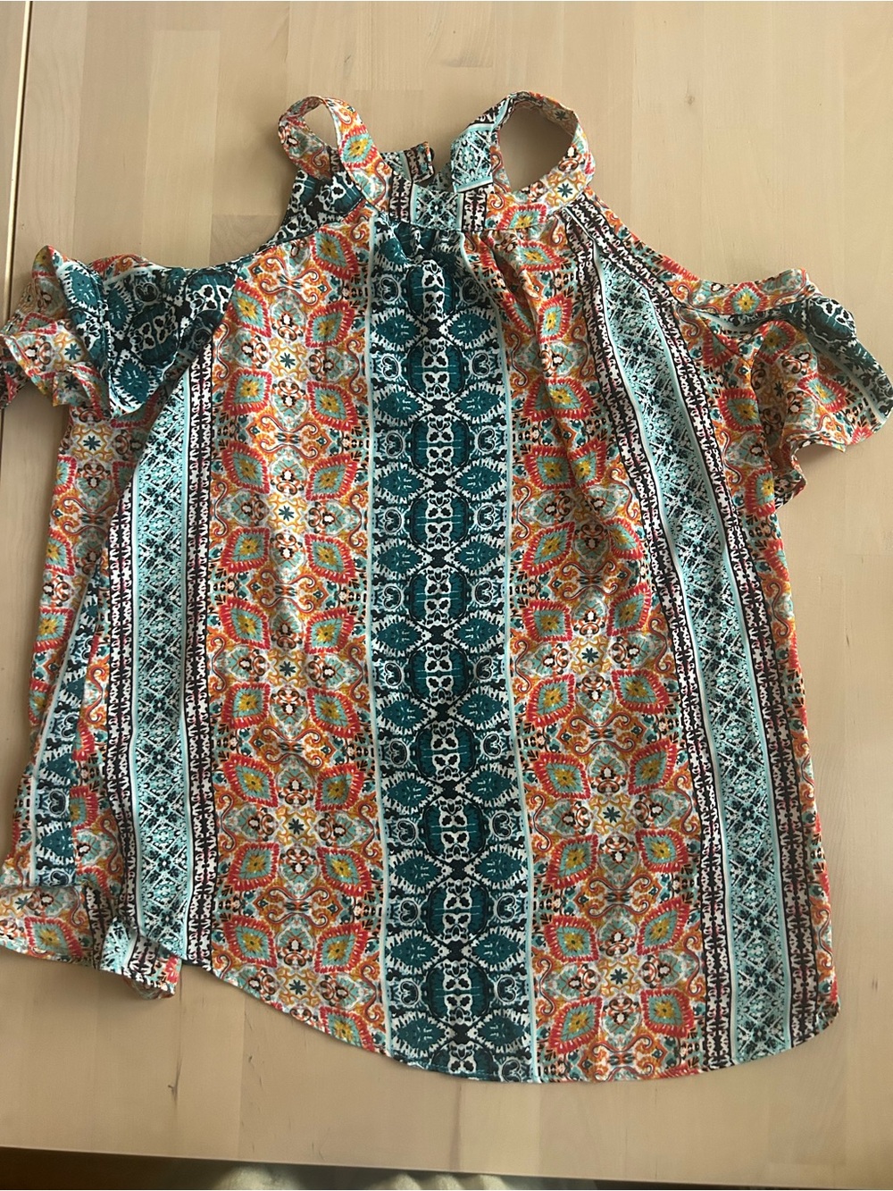 BCX Multicolor Cold-Shoulder Printed Camisole in Teal & Orange